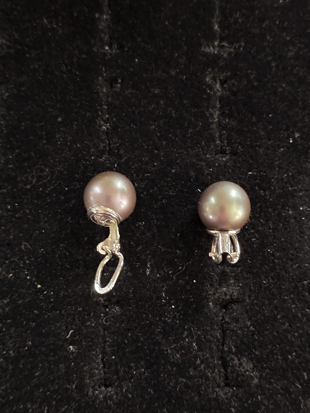 Vintage Christian Dior Grey Faux Pearl Omega Back Earrings Silver Tone Signed - Picture 10 of 10